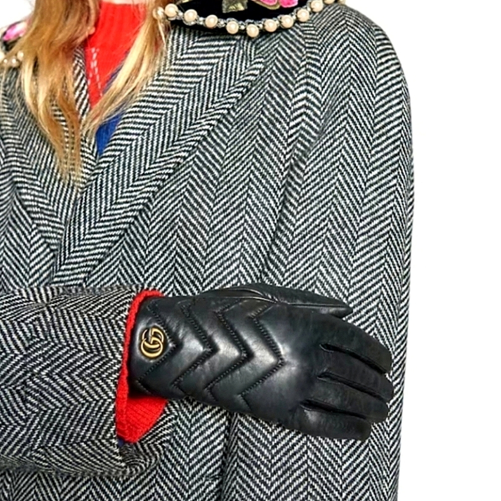 NWT Gucci G Metal Logo Black Marmont Leather Cashmere Lined Gloves 7.5 USA & Box